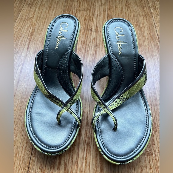 Cole Haan Shoes - Cole Haan Air Snake 🐍 Wedge Heel Lime 🍋‍🟩 Green & Silver Leather Thong Sandal 8